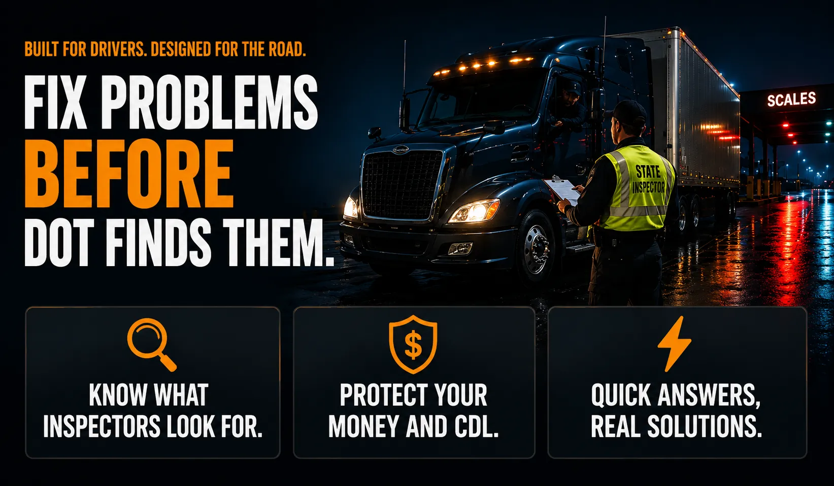 Commercial truck stopped near scales during a roadside inspection at night
